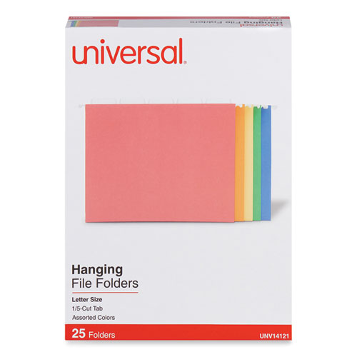 Universal® Deluxe Bright Color Hanging File Folders, Letter Size, 1/5-Cut Tabs, Assorted Colors, 25/Box