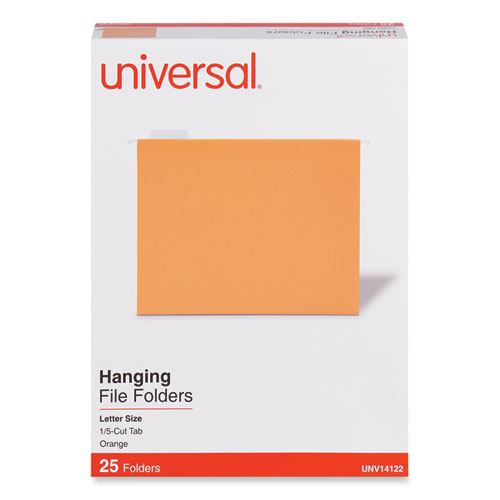 Universal® Deluxe Bright Color Hanging File Folders, Letter Size, 1/5-Cut Tabs, Orange, 25/Box