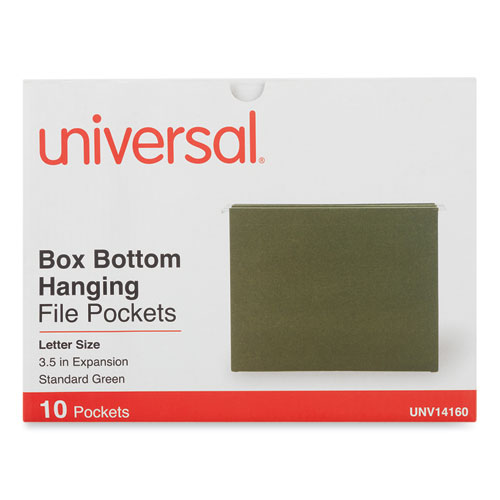 Universal® Hanging Box Bottom File Pockets, 1 Section, 3.5" Capacity, Letter Size, Standard Green, 10/Box