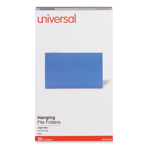 Universal® Deluxe Bright Color Hanging File Folders, Legal Size, 1/5-Cut Tabs, Blue, 25/Box