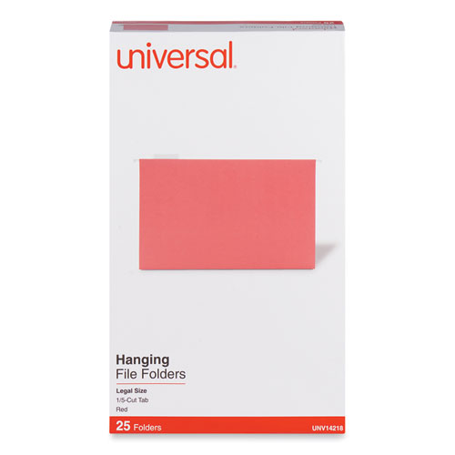 Universal® Deluxe Bright Color Hanging File Folders, Legal Size, 1/5-Cut Tabs, Red, 25/Box