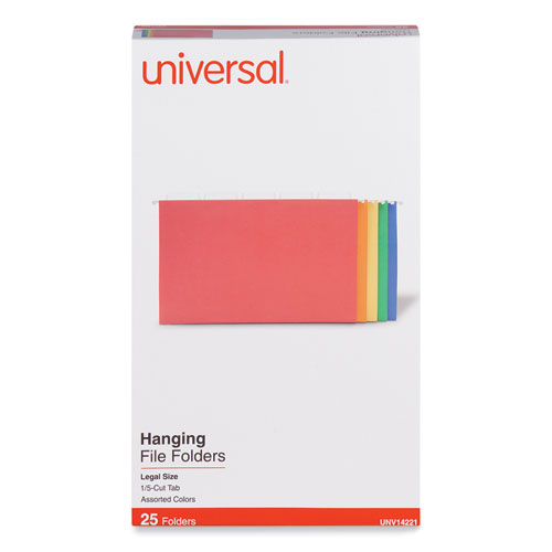 Universal® Deluxe Bright Color Hanging File Folders, Legal Size, 1/5-Cut Tabs, Assorted Colors, 25/Box