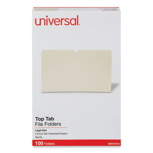 Universal® Top Tab File Folders, 1/2-Cut Tabs: Assorted, Legal Size, 0.75" Expansion, Manila, 100/Box