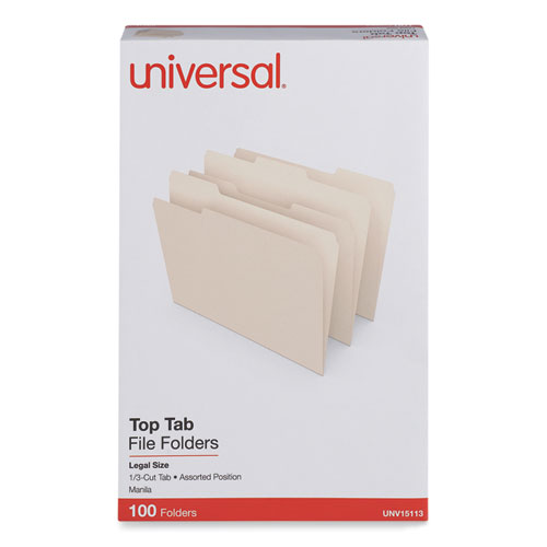 Universal® Top Tab File Folders, 1/3-Cut Tabs: Assorted, Legal Size, 0.75" Expansion, Manila, 100/Box