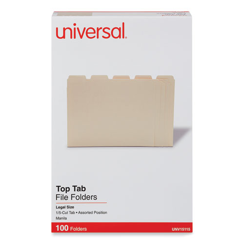Image of Universal® Top Tab File Folders, 1/5-Cut Tabs: Assorted, Legal Size, 0.75" Expansion, Manila, 100/Box