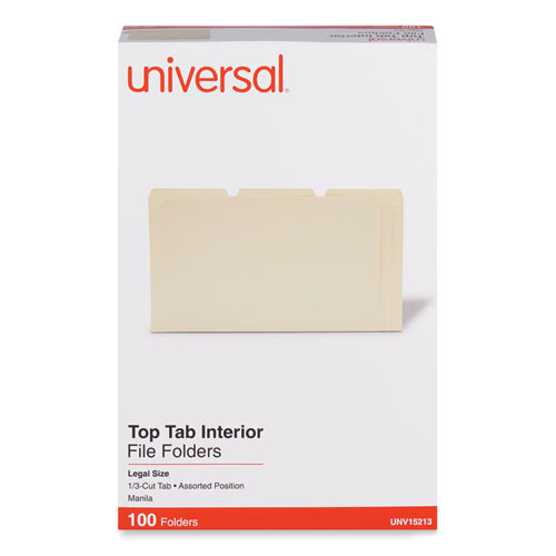 Universal® Interior File Folders, 1/3-Cut Tabs: Assorted, Legal Size, 9.5-Pt Manila, 100/Box