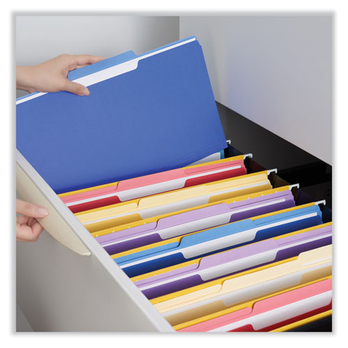 Image of Universal® Interior File Folders, 1/3-Cut Tabs: Assorted, Legal Size, 11-Pt Stock, Blue, 100/Box