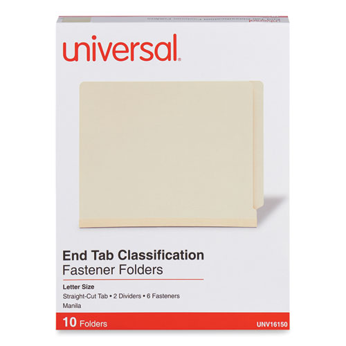Universal® Six-Section Manila End Tab Classification Folders, 2" Expansion, 2 Dividers, 6 Fasteners, Letter Size, Manila, 10/Box