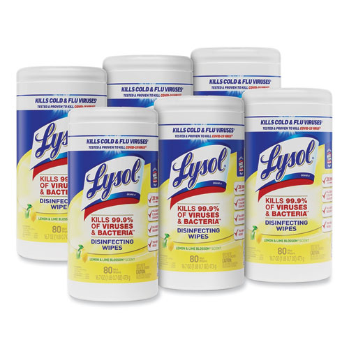 Lysol® Brand Disinfecting Wipes, 1-Ply, 7 X 7.25, Lemon And Lime Blossom, White, 80 Wipes/Canister