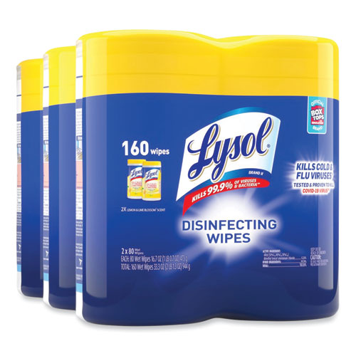 Disinfecting Wipes, 1-Ply, 7 x 7.25, Lemon and Lime Blossom, White, 80 Wipes/Canister, 2 Canisters/Pack, 3 Packs/Carton