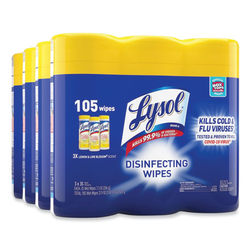 Image of Lysol® Brand Disinfecting Wipes, 1-Ply, 7 X 7.25, Lemon And Lime Blossom, White, 35 Wipes/Canister, 3 Canisters/Pack, 4 Packs/Carton