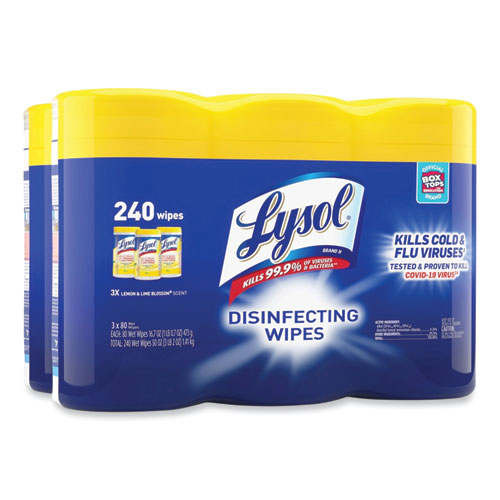 Lysol® Brand Disinfecting Wipes, 1-Ply, 7 X 7.25, Lemon And Lime Blossom, White, 80 Wipes/Canister, 3 Canisters/Pack, 2 Packs/Carton