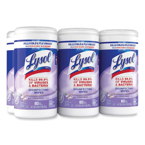 Disinfecting Wipes, 1-Ply, 7 x 7.25, Early Morning Breeze, White, 80 Wipes/Canister, 6 Canisters/Carton