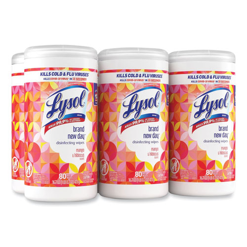 Image of Lysol® Brand Disinfecting Wipes, 1-Ply, 7 X 7.25, Mango And Hibiscus, White, 80 Wipes/Canister