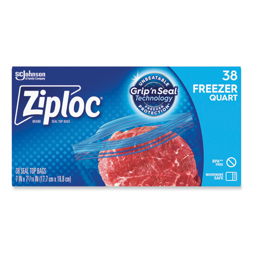 Image of Ziploc® Double Zipper Freezer Bags, 1 Qt, 2.7 Mil, 6.97" X 7.7", Clear, 38 Bags/Box, 9 Boxes/Carton