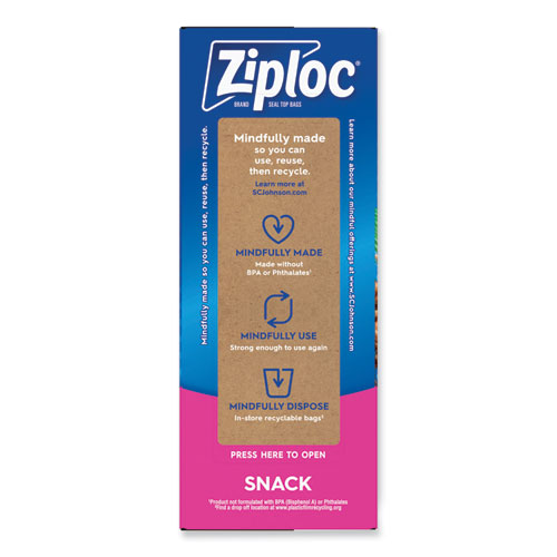 Image of Ziploc® Seal Top Snack Bags, 10 Oz, 6.5" X 3.25", Clear, 90 Bags/Box, 12 Boxes/Carton