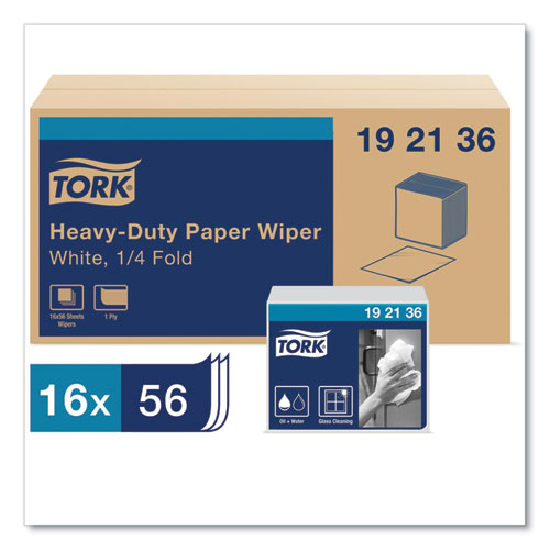Image of Tork® Heavy-Duty Paper Wiper 1/4 Fold, 1-Ply, 12.5 X 13, White, 56/Pack, 16 Packs/Carton