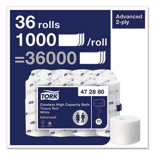 Image of Tork® Advanced High Capacity Bath Tissue, Septic Safe, 2-Ply, Coreless, White, 1,000 Sheets/Roll, 36 Rolls/Carton
