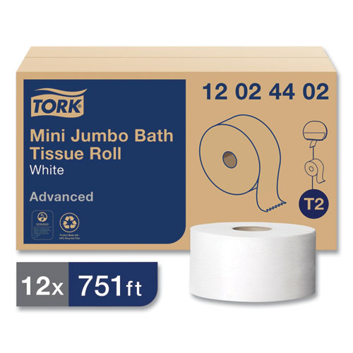 Image of Tork® Advanced Mini-Jumbo Roll Bath Tissue, Septic Safe, 2-Ply, White, 3.48" X 751 Ft, 12 Rolls/Carton