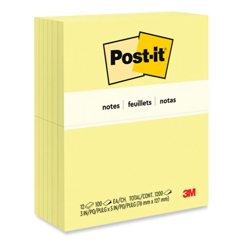Post-it® Notes Original Pads in Canary Yellow, 3" x 5", 100 Sheets/Pad, 12 Pads/Pack