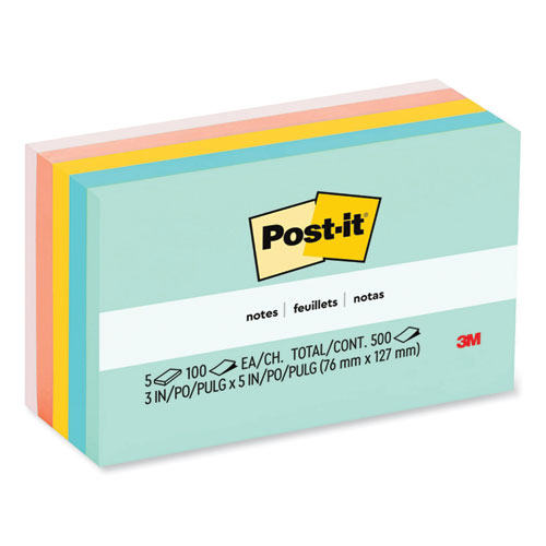 Post-It® Notes Original Pads In Beachside Cafe Collection Colors, 3" X 5", 100 Sheets/Pad, 5 Pads/Pack
