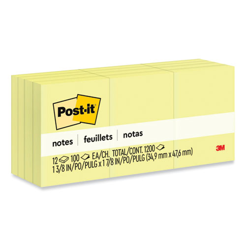 Post-It® Notes Original Pads In Canary Yellow, 1.38" X 1.88", 100 Sheets/Pad, 12 Pads/Pack