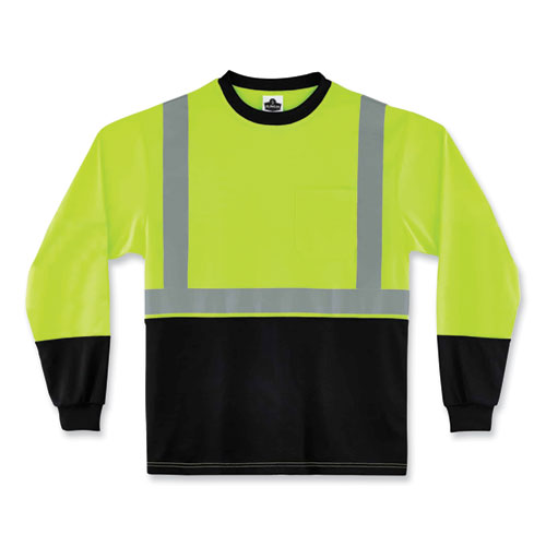 ergodyne® GloWear 8291BK Type R Class 2 Black Front Long Sleeve T-Shirt, Polyester, Small, Lime, Ships in 1-3 Business Days
