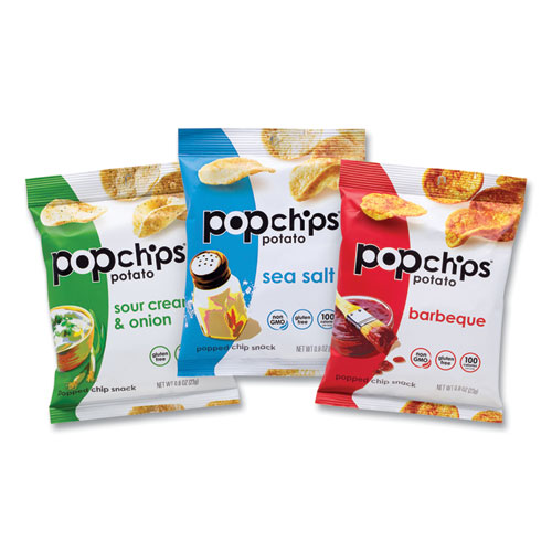 Image of Popchips® Potato Chips, Variety Pack, Barbeque, Sea Salt, Sour Cream And Onion, 0.8 Oz Bag, 30/Pack, Ships In 1-3 Business Days
