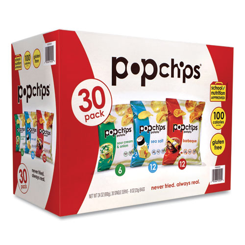 Popchips® Potato Chips, Variety Pack, Barbeque, Sea Salt, Sour Cream And Onion, 0.8 Oz Bag, 30/Pack, Ships In 1-3 Business Days