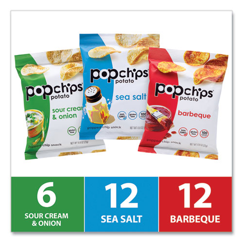 Image of Popchips® Potato Chips, Variety Pack, Barbeque, Sea Salt, Sour Cream And Onion, 0.8 Oz Bag, 30/Pack, Ships In 1-3 Business Days