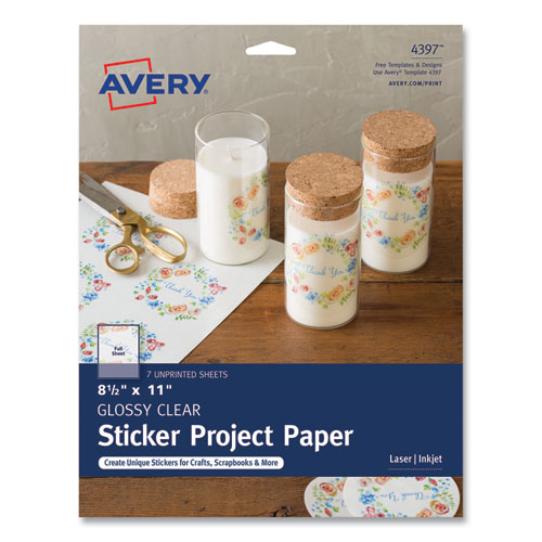 Permanent Sticker Project Paper, 8-1/2 x 11, Laser & Inkjet Printer, 7  Glossy Clear Sheets (4397)