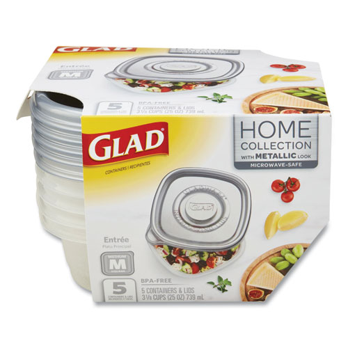 Image of Glad® Home Collection Food Storage Containers With Lids, Medium Square, 25 Oz, Clear/Metallic, Plastic, 5/Pack