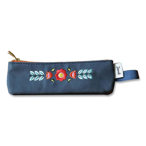 Evelynn Zipper Vegan Suede Notebook Pouch, 2 x 6.5, Blue with Embroidered Flower