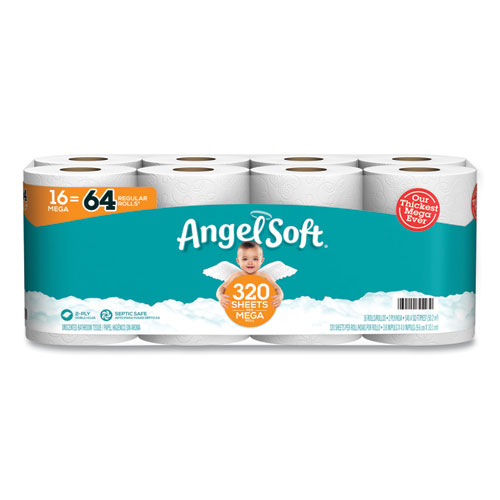 Angel Soft® Mega Toilet Paper, Septic Safe, 2-Ply, White, 320 Sheets/Roll, 16 Rolls/Pack