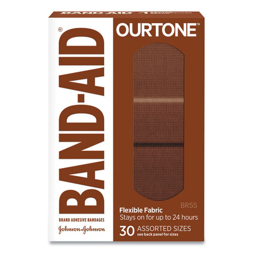 OurTone Adhesive Bandages, BR55, 2.25 x 0.63; 3 x 0.75; 3 x 1, Medium Brown, 30/Pack