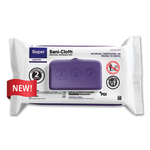 Super Sani-Cloth Germicidal Disposable Wipes, Large, 1-Ply, 8.2 x 9.8, Unscented, White, 80/Pack