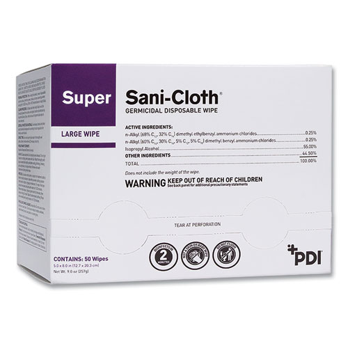 Super Sani-Cloth Individually Wrapped Germicidal Disposable Wipes, Large, 5 x 8, Unscented, White, 50/Pack