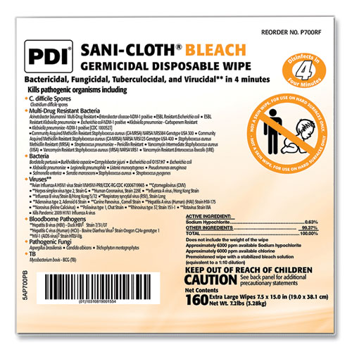 Sani-Cloth Bleach Germicidal Disposable Wipe Refill, 1-Ply, 7.5 x 15, Unscented, White, 160/Bag, 2 Bags/Carton