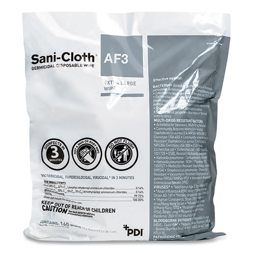 Sani Professional® Sani-Cloth Af3 Germicidal Disposable Wipe Refill, Extra-Large, 1-Ply, 7.5 X 15, Unscented, White, 160 Wipes/Bag,2 Bags/Carton