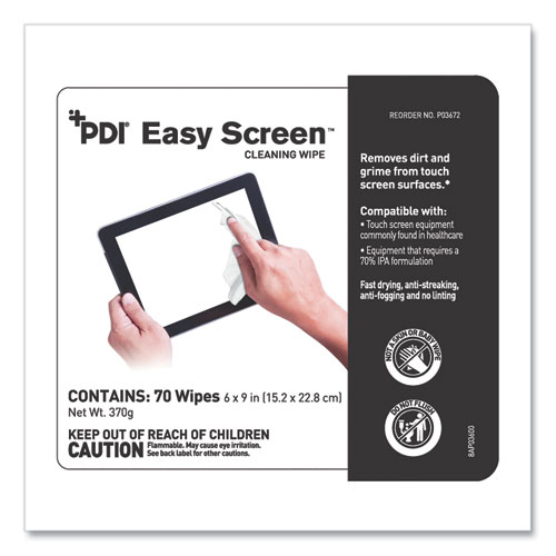 PDI Easy Screen Cleaning Wipes, 1-Ply, 9 x 6, Unscented, White, 70/Pack