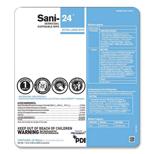 Sani-24 Germicidal Disposable Wipes, Extra-Large, 1-Ply, 7 x 12, Unscented, White, 65/Pack