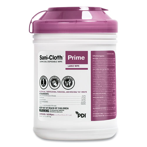 Sani Professional® Sani-Cloth Prime Germicidal Disposable Wipes, Large, 1-Ply, 6 X 6.75, Unscented, White, 160/Canister, 12 Canisters/Carton