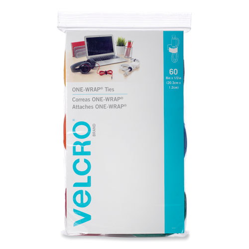 VELCRO® Brand ONE-WRAP Ties and Straps, 0.5" x 8", Assorted Colors, 60/Pack