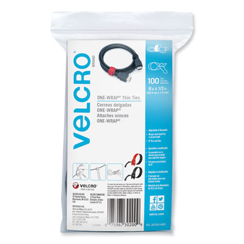 VELCRO® Brand ONE-WRAP Ties and Straps, 0.5" x 8", Black;Red, 100/Pack