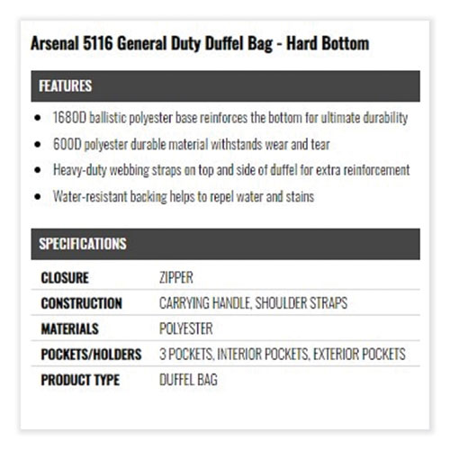Arsenal 5116 General Duty Gear Bag, 9.5 x 23.5 x 12, Black, Ships in 1-3 Business Days