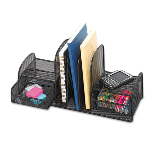 Image of Safco® Onyx Mesh Desk Organizer, Three Sections/Two Baskets, Steel Mesh, 17 X 6.75 X 7.75, Black