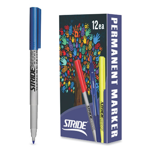 Image of Stride Stridemark Permanent Marker, Fine Bullet Tip, Blue, 12/Pack