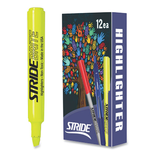 Image of Stride Stridebrite Tank Highlighter, Fluorescent Yellow Ink, Chisel Tip, Yellow Barrel, 12/Box
