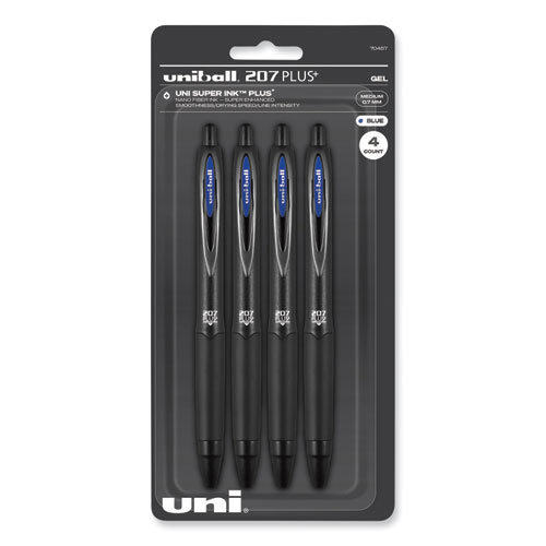 uniball® 207 Plus+ Gel Pen, Retractable, Medium 0.7 mm, Assorted Ink Colors, Black Barrel, 6/Pack