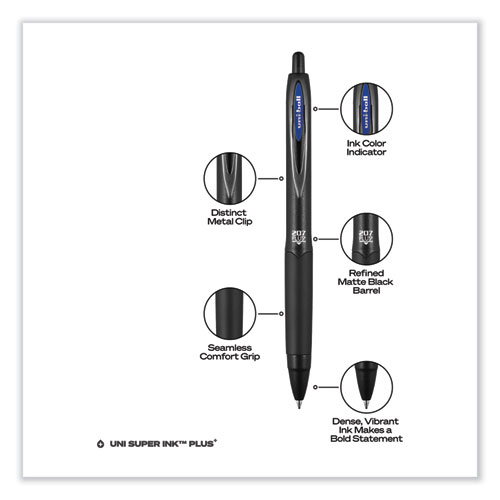 207 Plus+ Gel Pen, Retractable, Medium 0.7 mm, Blue Ink, Black Barrel, 4/Pack